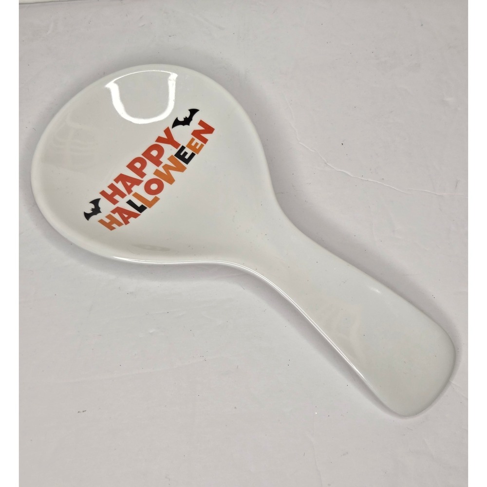 Happy Halloween Melamine Spoon Rest White Orange Black Bats Kitchen Decor